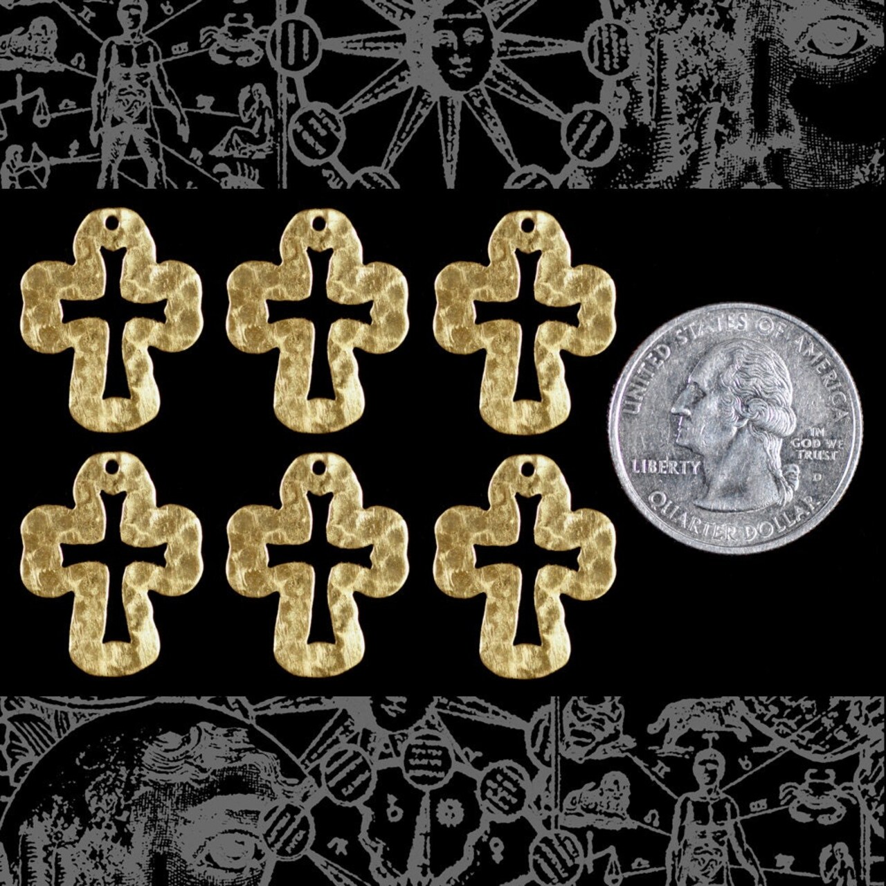 Raw Brass Hammered Cut Out Christian Cross Charms - Set of Six - B-C155